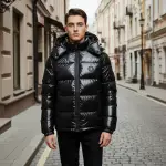 Man wearing a black shiny puffer jacket on a city street.