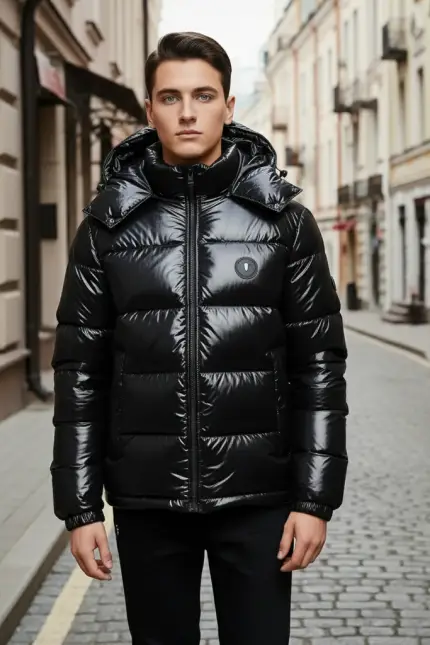 Man wearing a black shiny puffer jacket on a city street.